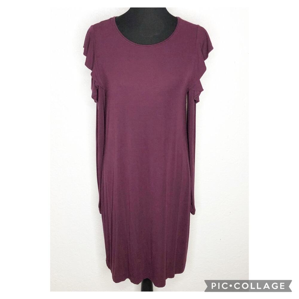 WHBM maroon purple cold shoulder ruffle trim long sleeve knit dress size Medium